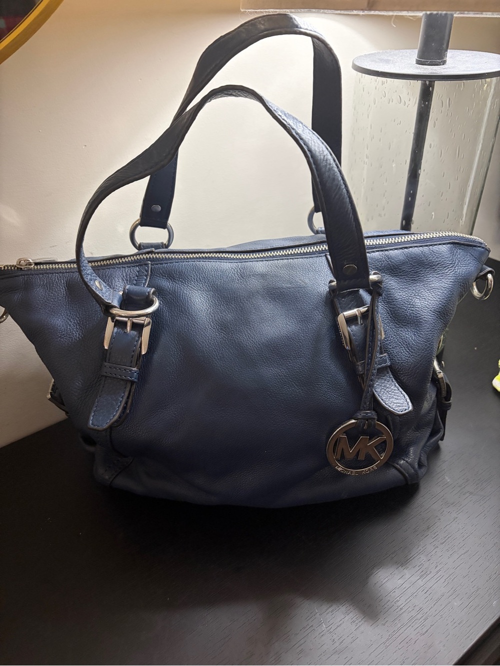 Michael Kors Navy Leather Shoulder Satchel with MK Charm